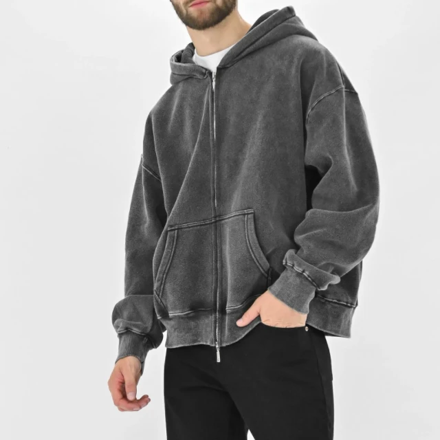 Custom Logo Vintage No Drawstring Blank Heavy Cotton Two-Way Zip Up Gray Washed Hoodie For Men