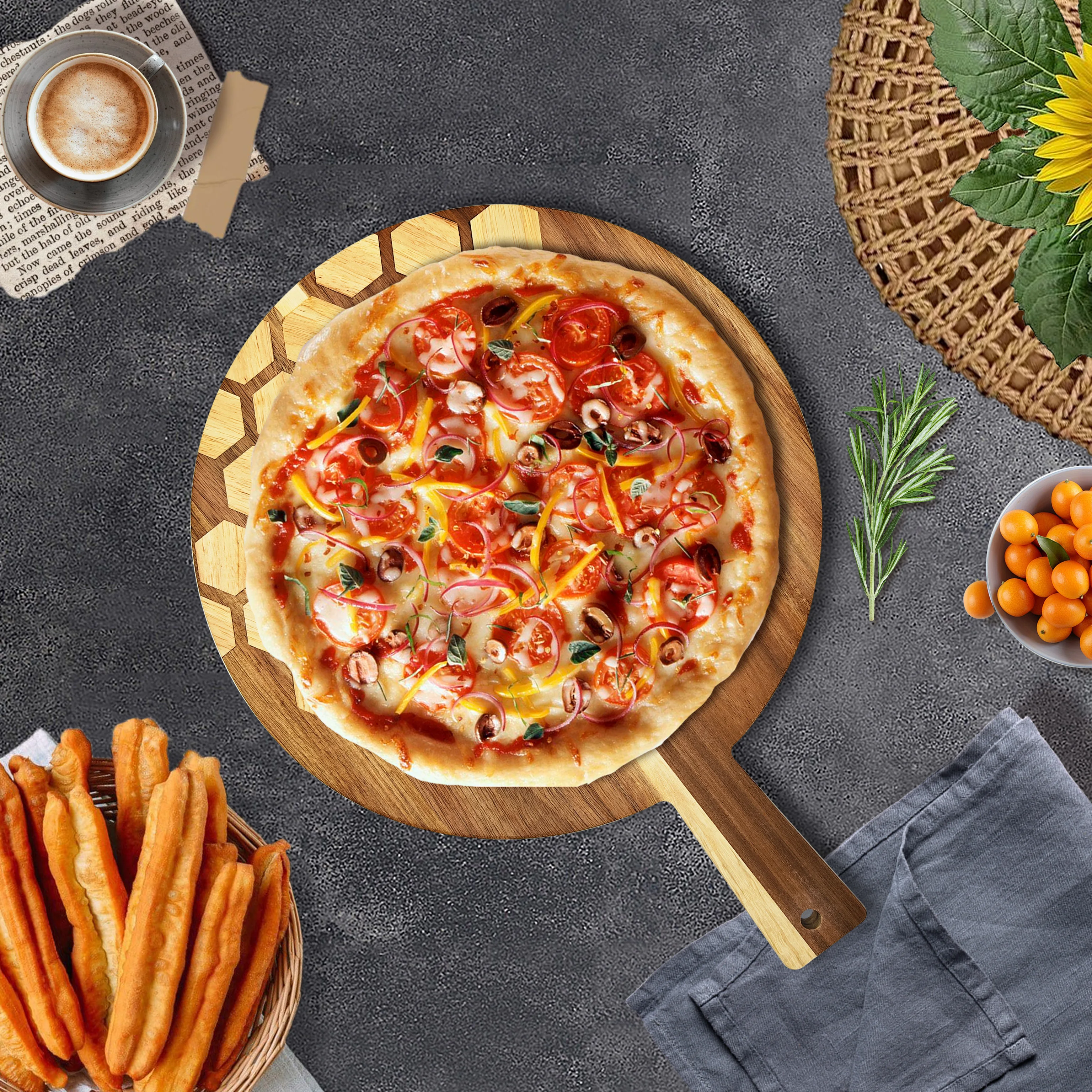 Round Acacia Wood Cutting Board with Handle Wood Pizza Peel Charcuterie Board