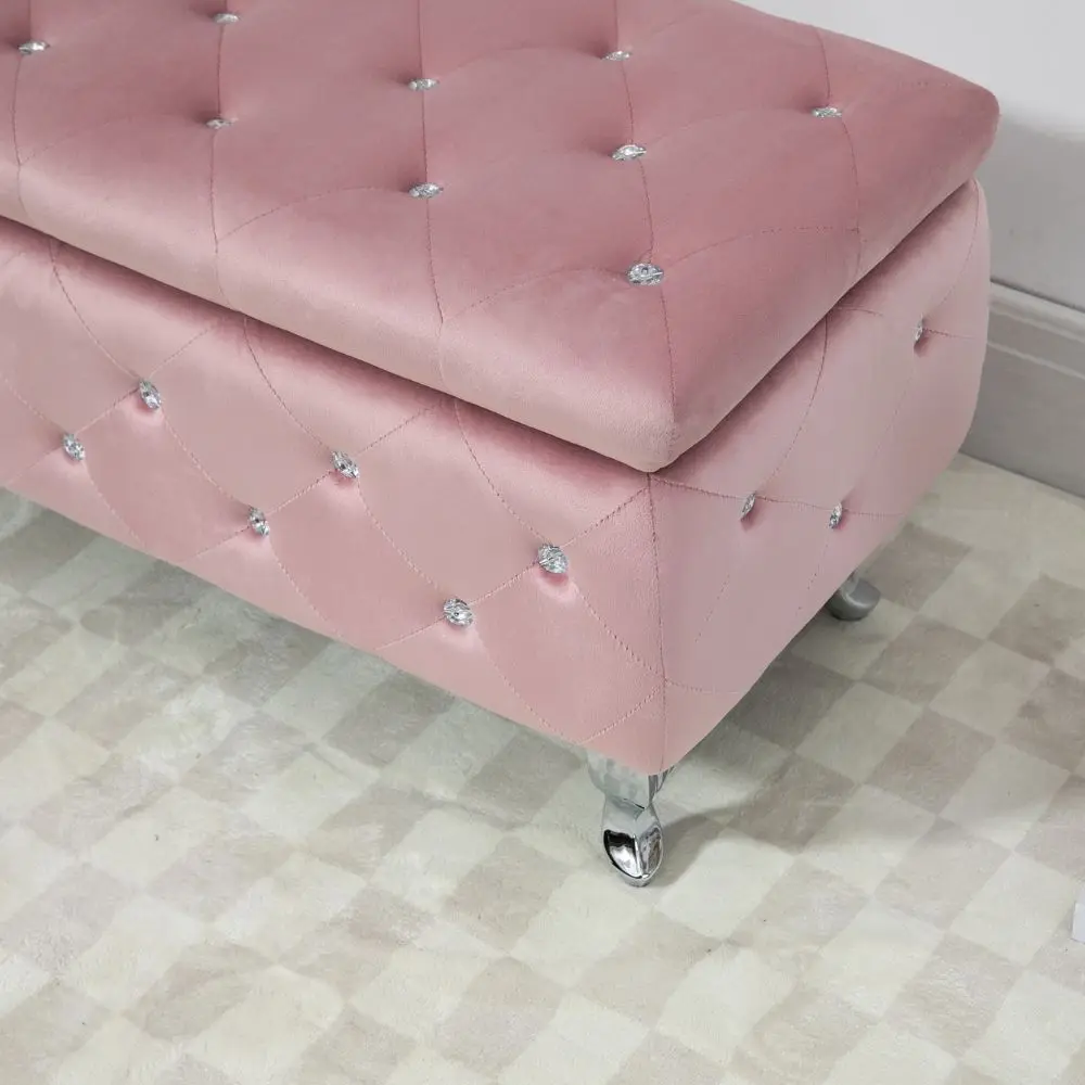 Manufacturer Custom Luxurious Pink Velvet Storage Side Opening Door Ottoman Bench