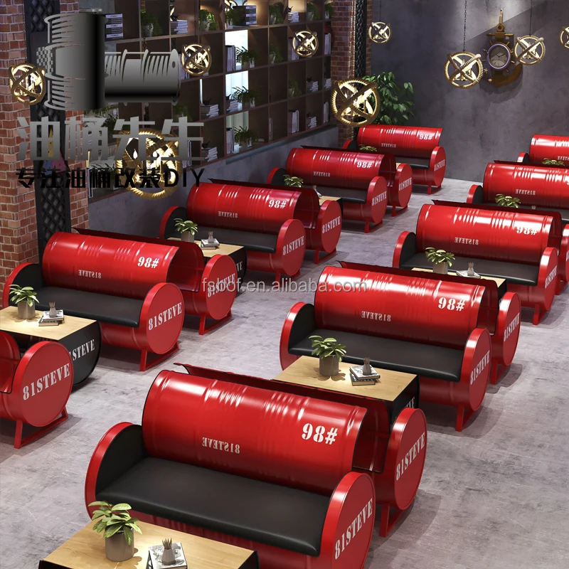 Iron art creative industrial style bar table and chair combination oil barrel sofa KTV clothing store retro sofa booth and chair