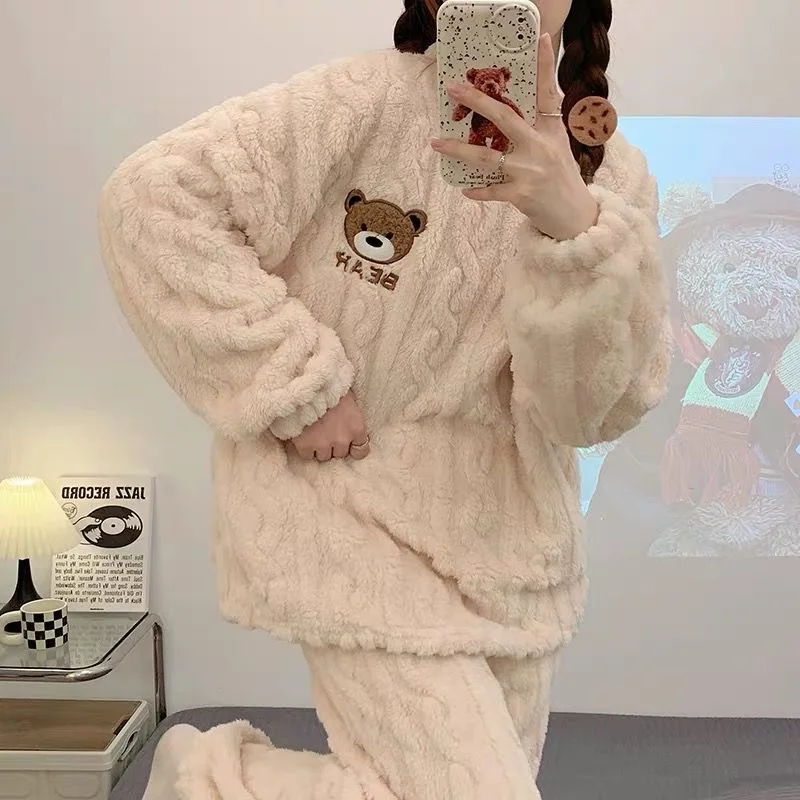 New Coral-wool Pajamas For Ladies Winter Round Collar Suit With Velvet And Thick Winter Thermal Pajamas Cartoon Home Wear