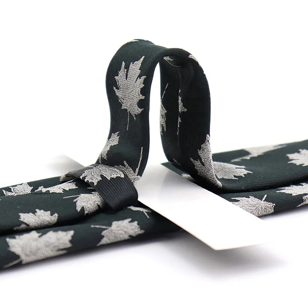 China Supplier Wholesale Customized Mens Necktie Falling White Maple Leaf Dark Green Jacquard Twill Men Custom Silk Tie Woven