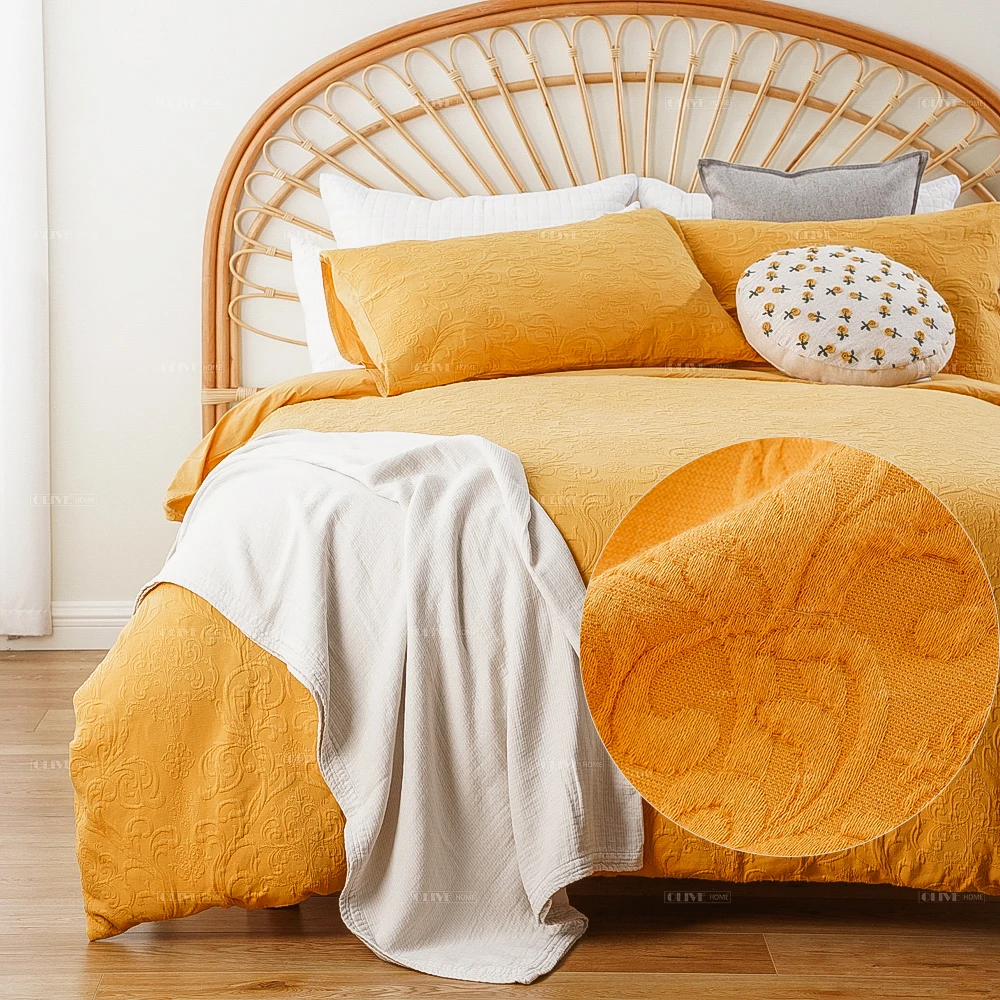luxury Embossed Washed 100%Cotton Mustard Yellow Luxury Boho Bedding Set Bed Duvet Cover Cotton Korea Matching Pillow Shams