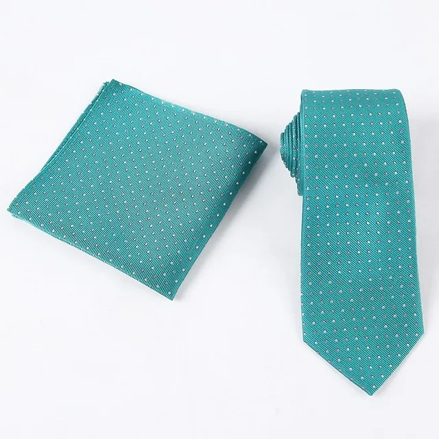 black and white polka dot polyester neck tie and pocket square set for man