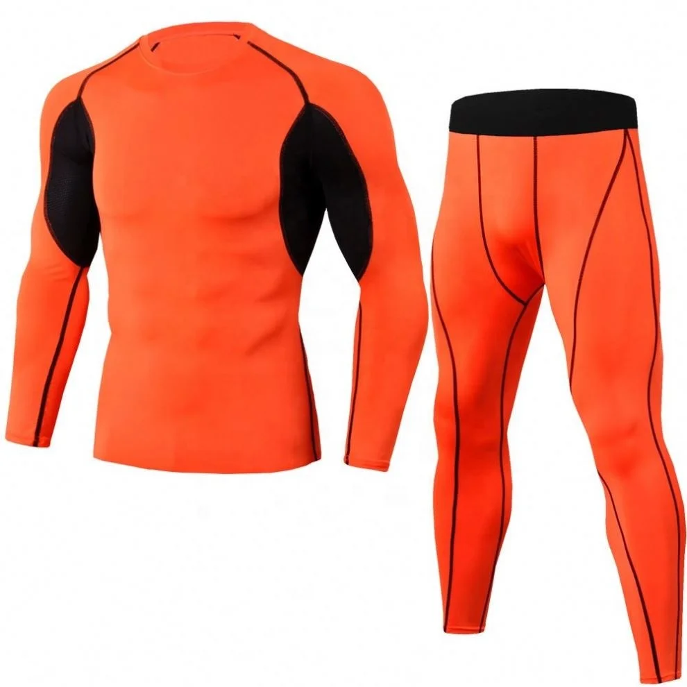 Training Bodybuilding Sport 2 Piece Pants Compression Pants Long-Sleeve T-Shirt Compression Short Tights Men Set