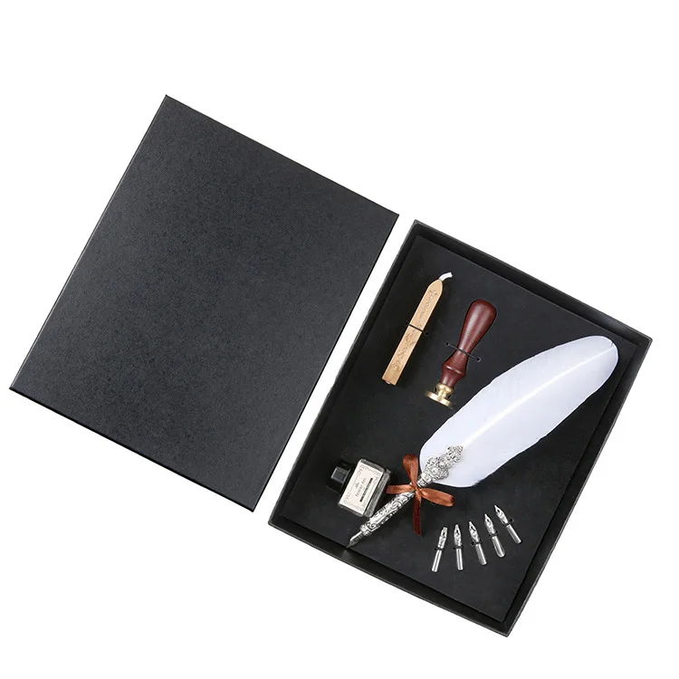 Custom logo metal pen holder ink label calligraphy white ostrich feather pen set