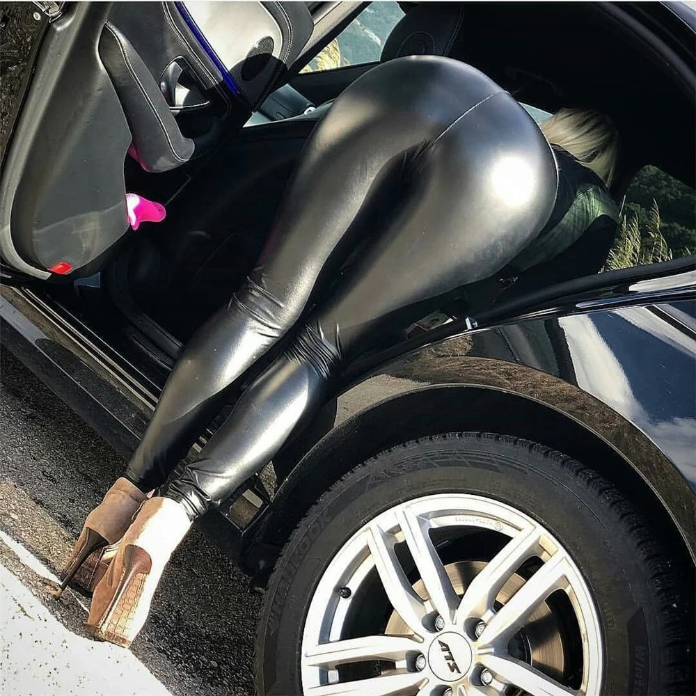 Hight waisted thick faux pu fleece leather leggings for women tights pants