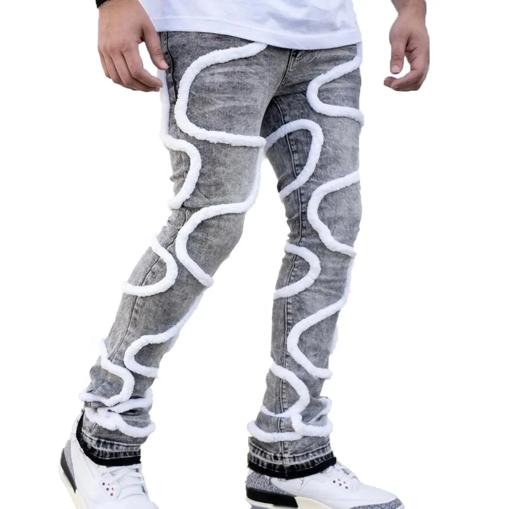 Acid Wash Denim Grey Jeans Grey Men Jeans Trouser Stacked Pants Men White Embroidery Applique Jeans Flared