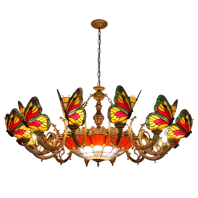 European style retro Tiffany Butterfly Chandelier Bedroom Light Bar Creative Personality Club Ceiling Chandelier