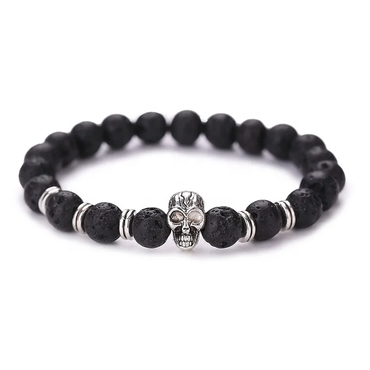 Cheaper Fashion Men Natural Gemstone Agate Stone Jewelry Lava Bracelet with Skull Charm
