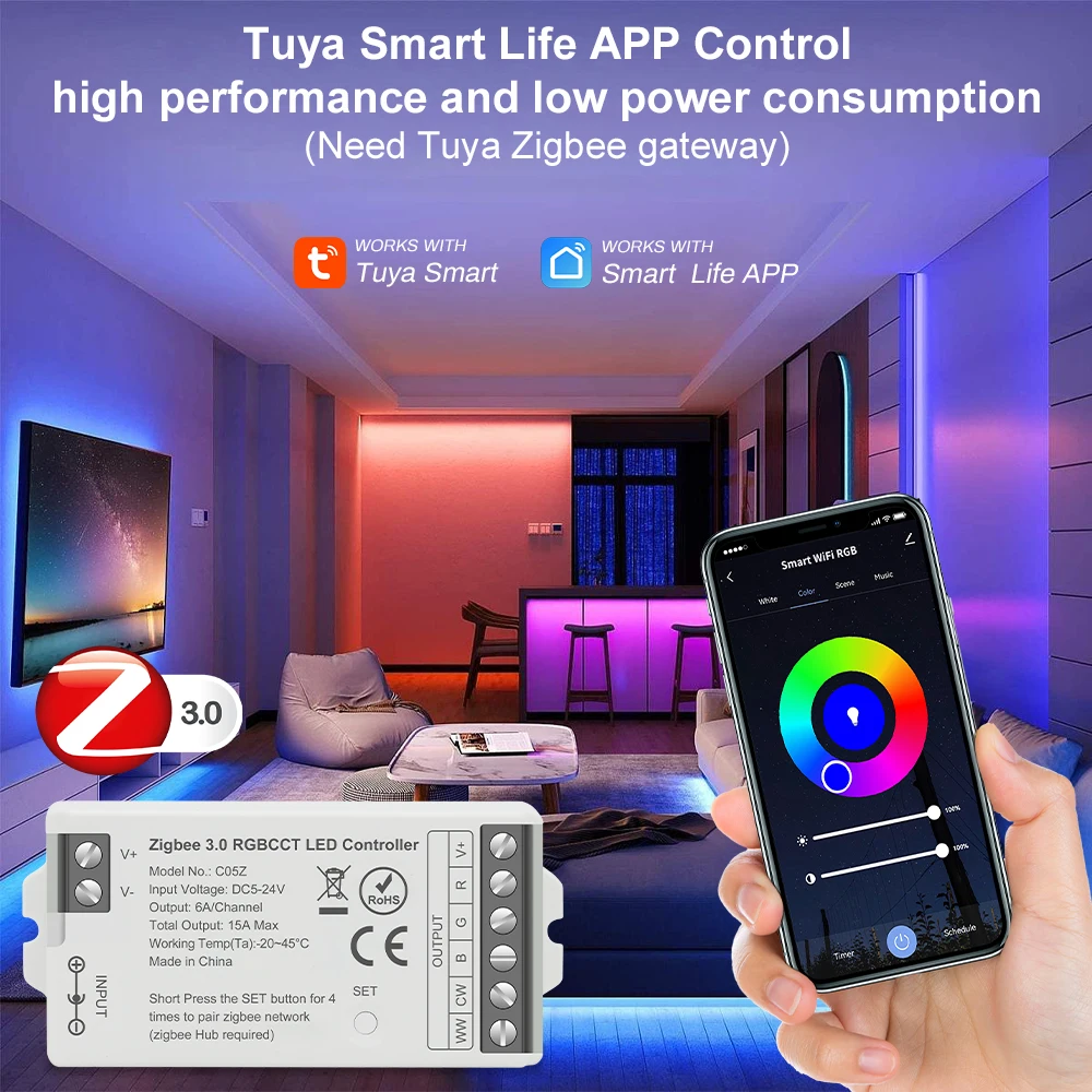 Tuya Zigbee Controller for CCT RGB RGBW RGBCCT LED Strip Light Support Alexa Google Assistant Voice Control 2.4G RF Remote