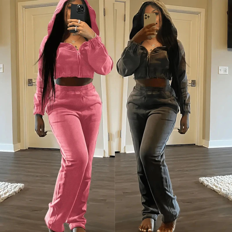 Spring Women Jogger Sweatshirt Two Piece Pants Set 2024 New Arrival Winter Sweatsuits Zipper Crop Hoodies And Trousers Set