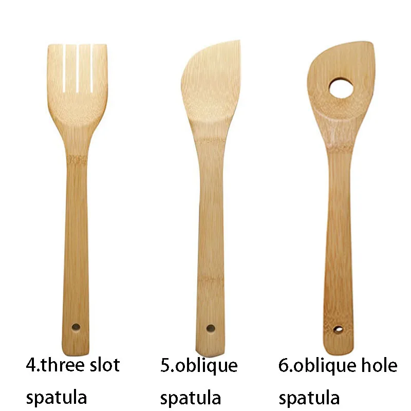 Bamboo spatula in stocked kitchen gadgets for cooking