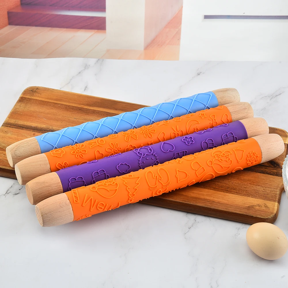 Wholesale Custom Food Grade Kitchenware Silicone Rolling Pin Wood Embossed with Handle
