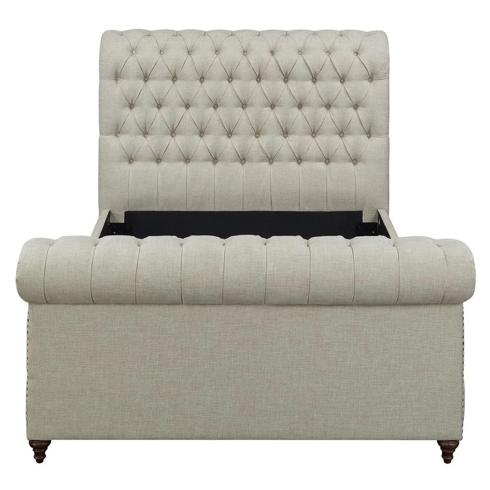 Antique Furniture Fabric Upholstered King Size Beds With Nailhead Trim