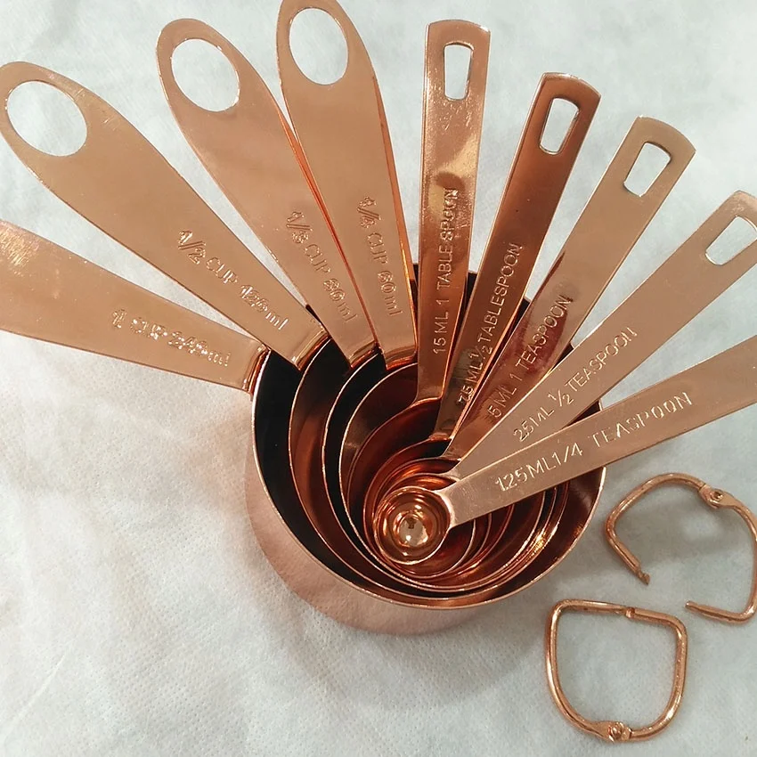 Top-Quality Copper-Plated Stainless Steel+ Mirror Rose Gold Finished 4PCS Measuring Cups and 5PCS Spoons Stackable Set