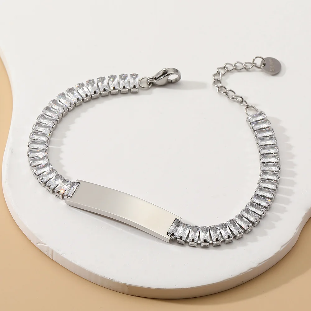 Custom Name Logo Jewelry 18K Gold Plated Blank Stainless Steel Zircon Tennis Chain Engraved Bracelet For Women