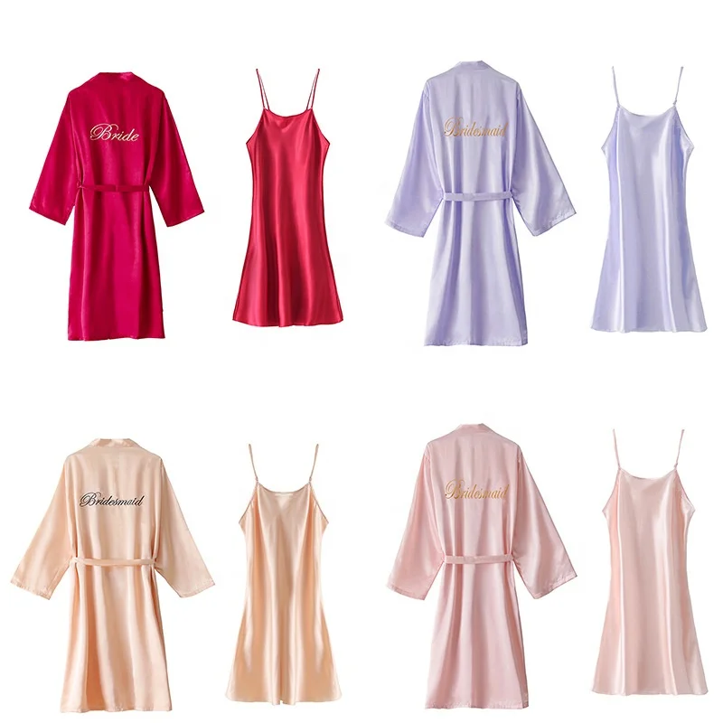 Small Minimum Order Wedding Party Morning Slip Dress Bridesmaid Printed Embroidery Women Bridal Satin Silk Robes Set