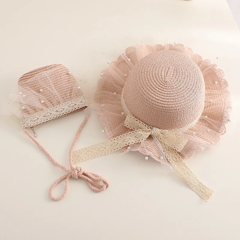 2022 wide brim Summer children new Beach Sun Hat Girl lace pearl Bucket Straw Hat and bag set beautiful outdoor travel hat kids