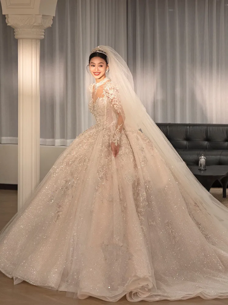 ZX-3025 Wedding dress bride 2024 new runaway princess heavy luxury main yarn long tail style long sleeves