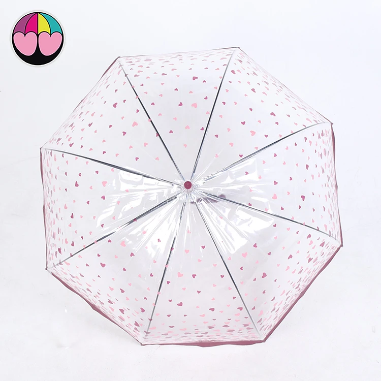 Lovely Straight Children Kids PVC&POE Plastic Dome Bubble Transparent Clear Umbrella With Custom Cartoon Printing