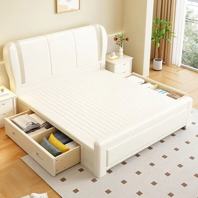 White Solid Wood Bed Walnut Simple Modern Master Bedroom King Size Bed Frame 1.5m 1.8m Double Bed