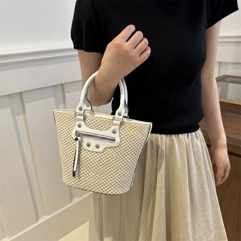 Durable Using Straw Basket Bag Woven Bag Women large capacity classic printing tote bag PU Leather Strap Raffia Handbag