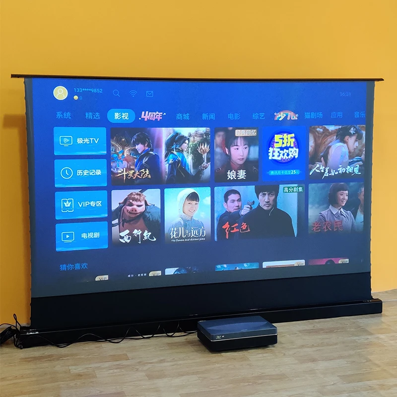 XJK Electric Floor Rising  4K ALR grey Crystal Projection Screen Pull up Screen for Ultra short throw laser projector