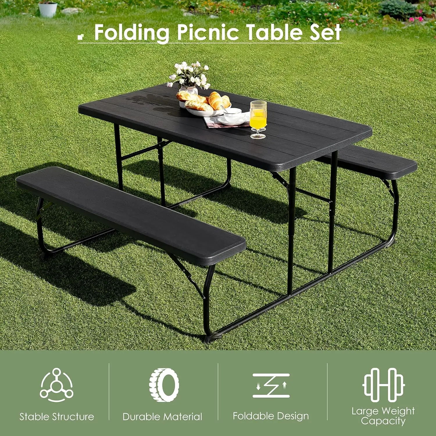 Portable Foldable Snack Outdoor Garden Furniture Picnic Set Camping Woodgrain HDPE Panel Top Table Metal Frame