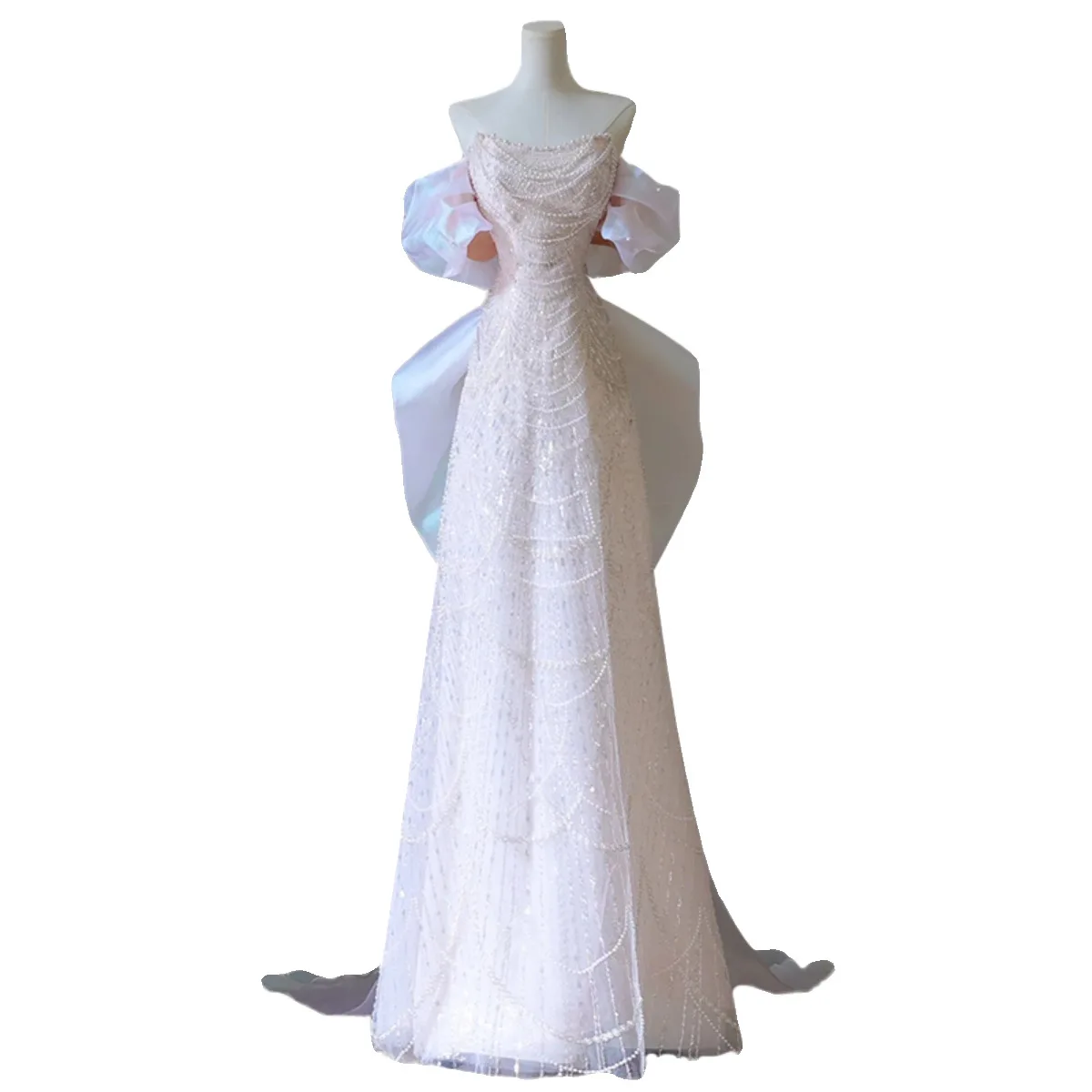 ZX-2029 High Quality One-shoulder Pearl Beaded Lace Wedding Dress Sequin Bridal Engagement Evening Dress With Detachable Train