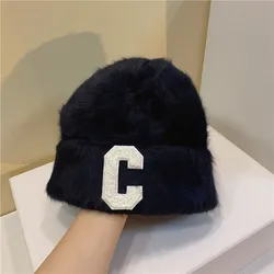 Плюшевая Шапка-бини, модная пушистая Длинная зимняя шапка из кроличьего меха, Женская плюшевая шапка с буквенным носком, вязаная теплая Шапка-бини