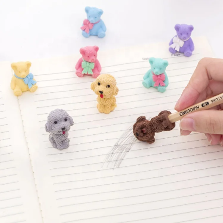 Cute 3d dog cartoon teddy pencil topper erasers customized stationery for kids and school supply