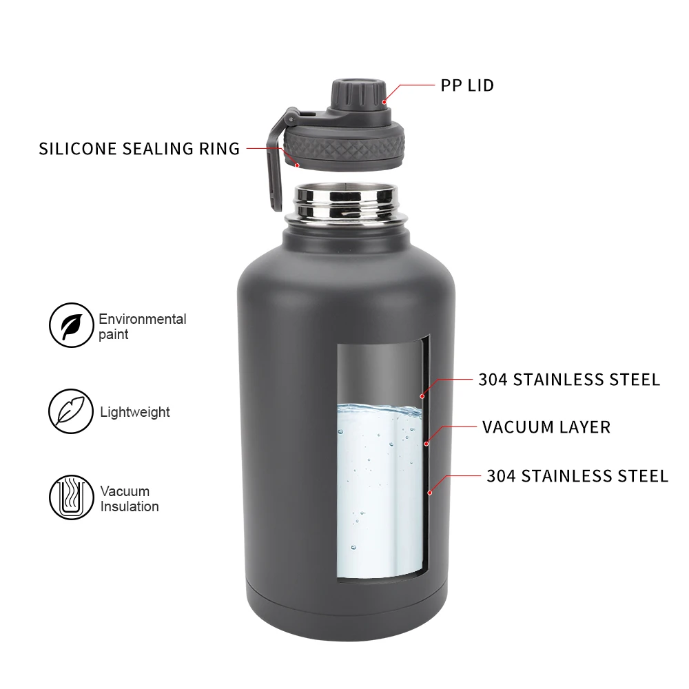 Customized 64oz 304 Stainless Steel Thermos Vacuum Flask Jugs Water Bottle with Portable Handle and Carry Bag