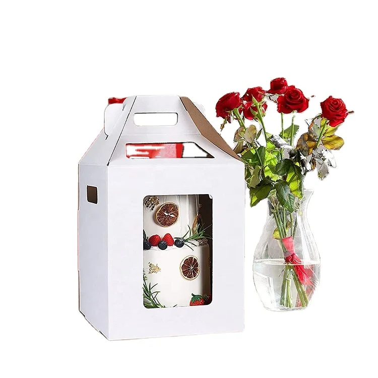 boxes transparent  corrugated tall cake box with handle 10 inch