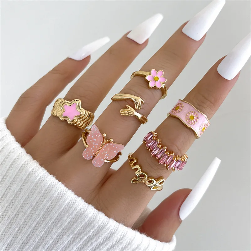 7PCS/Set Bohemian Heart inlaid Crystal white Flower Butterfly Rings Set For Women wholesale Jewelry Finger Rings Set