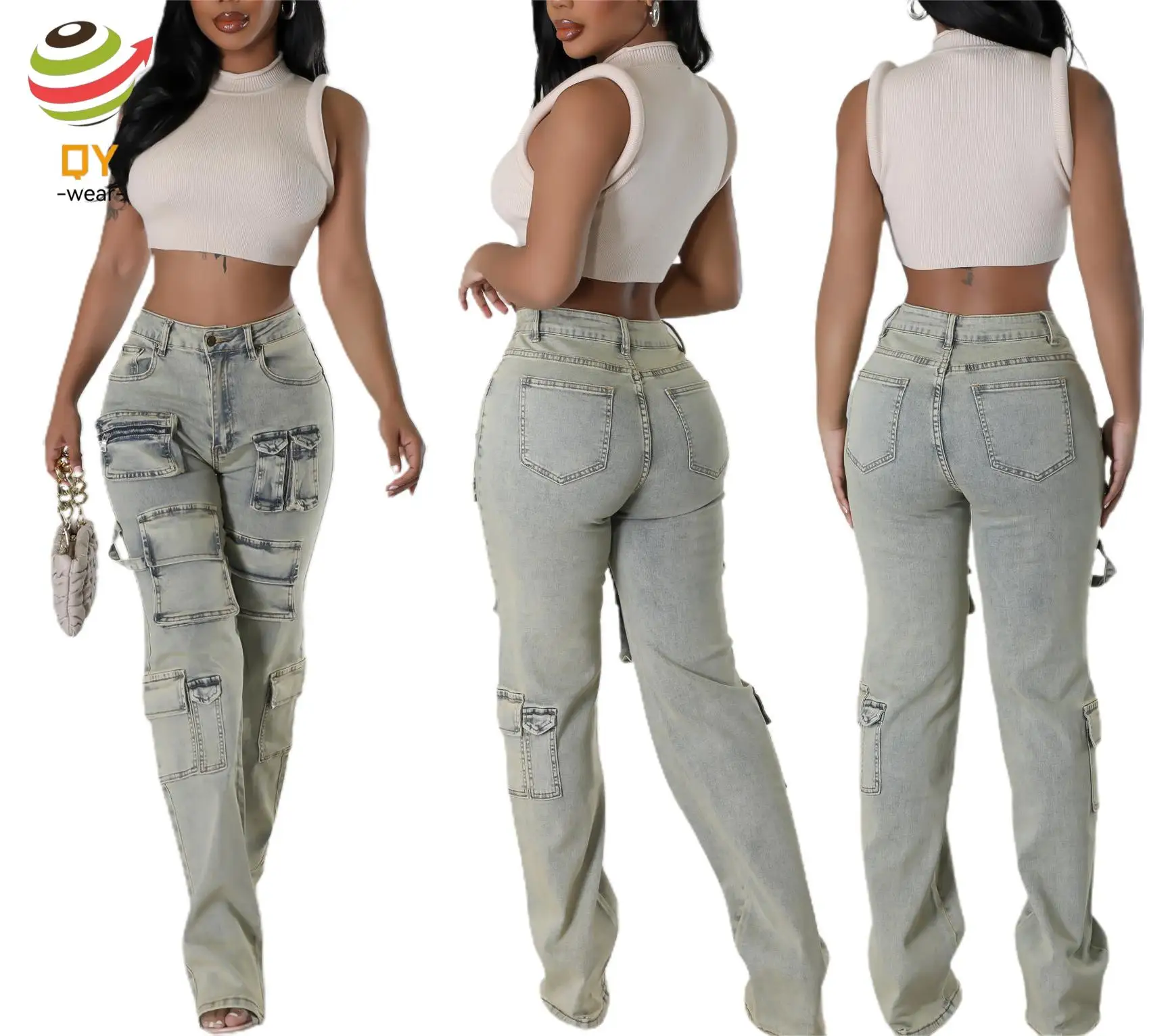 QY06062 2024 Summer Fashion Multi Pocket Denim Stretch Pants High Waist Straight Pants Streetwear Women Loose Wide Leg Jeans