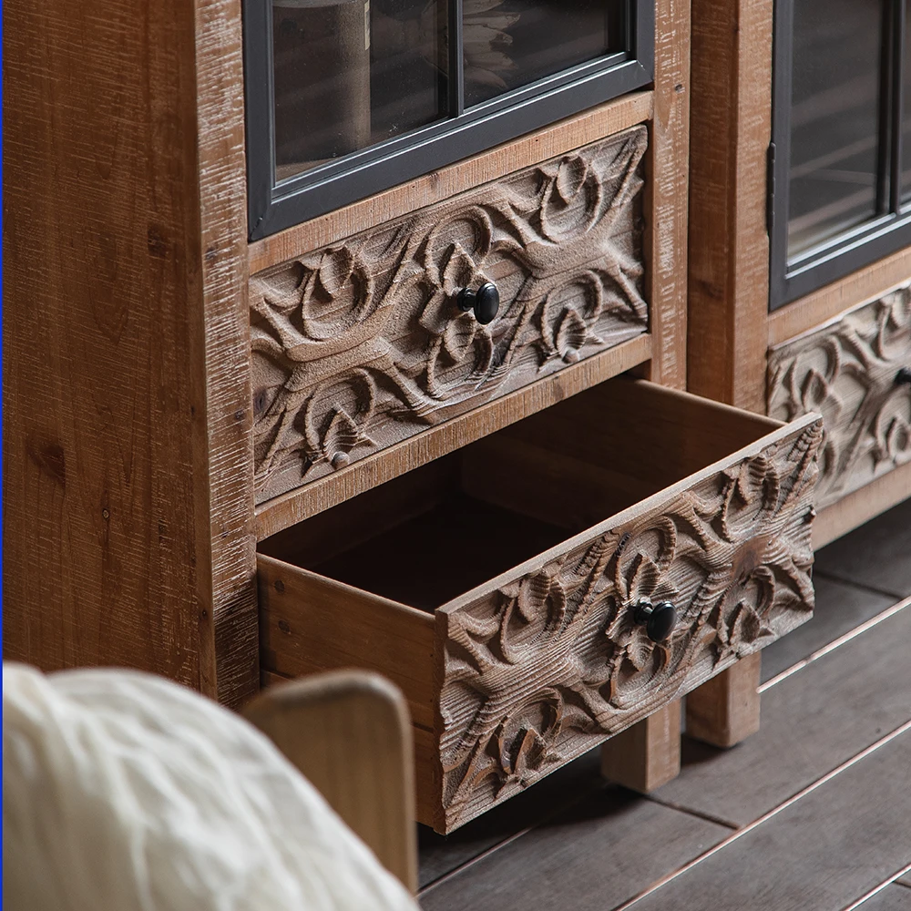 Farmhouse Vintage Wood Cabinet Sideboards with Mirrored Doors Antique Console Storage Cabinets Buffet Cabinets