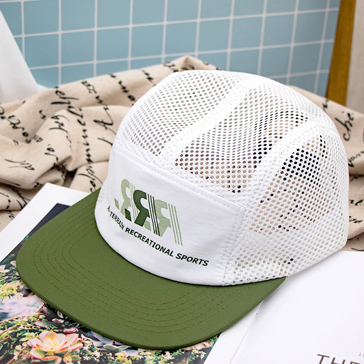 Hengxing high quality light weight running hat sports nylon comfortable breathable mesh camp 5 panel cap with custom logo