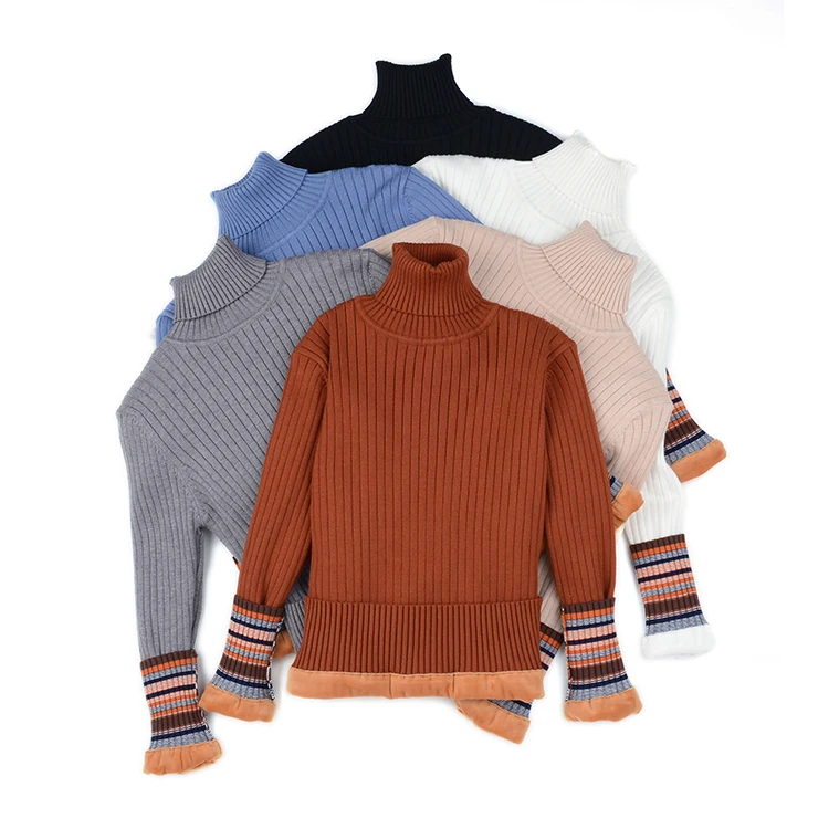 Womens Velvet Lining Colorblock Sweater Turtle Neck Casual Long Sleeve Loose Striped Knitted  Pullover Tops