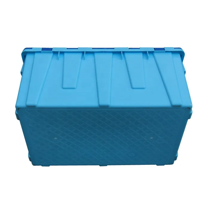 QS PP 75L 680*430*320mm Heavy Duty Nested Stackable Turnover Tote Bins Plastic Moving Crates Hinged lid for Home Cloth Storage
