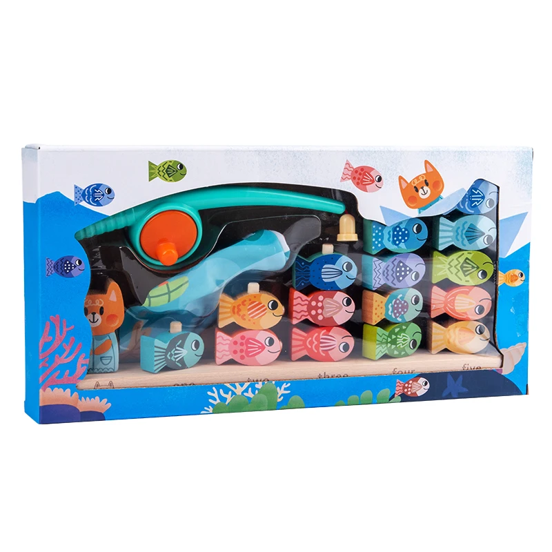 Factory Wooden 2 in 1 Cat Fishing Toys with Magnets for Toddlers Wooden Column Toys for Kids