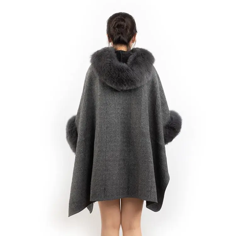 
Wholesale Elegant Grey Hooded Cashmere Poncho with Real Fox Fur Trim Fashion Women Fur Cape 