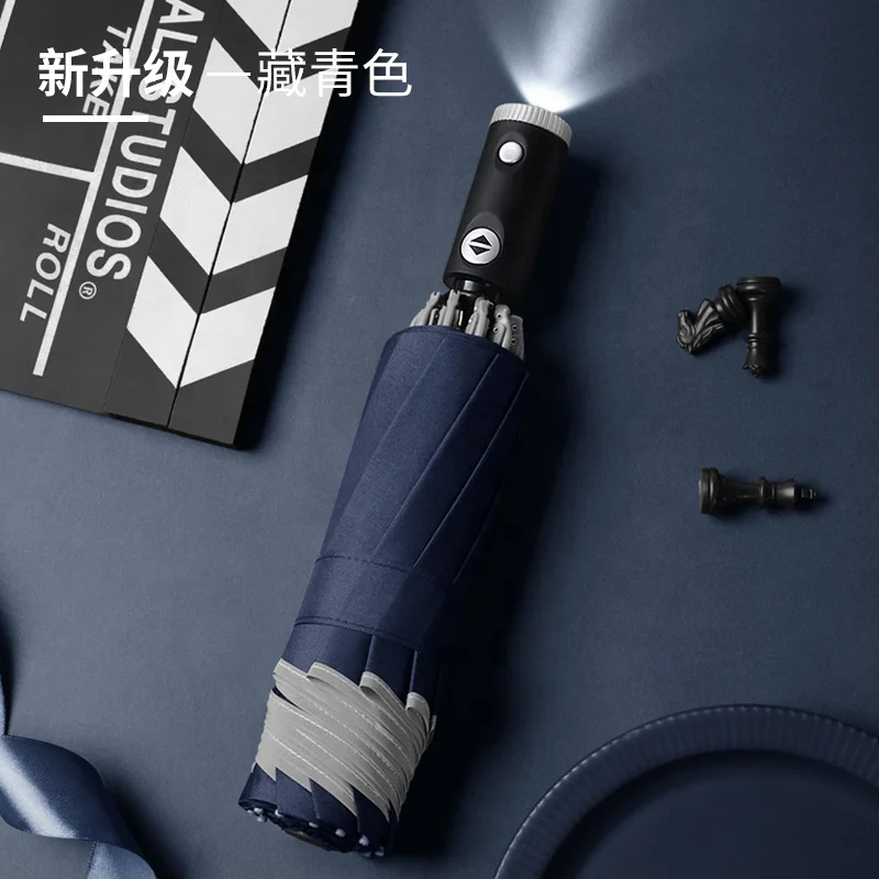 New Design High Quality Big size Auto travel Led Light Handle Reverse folding Umbrella