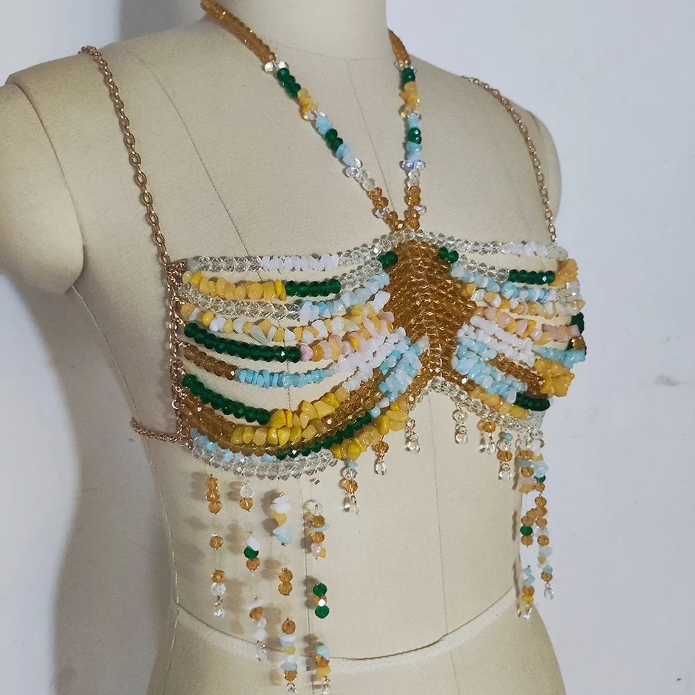 Latest Fashion Sexy Beach Music Festival Gemstone Halter Vest Halter Hollowed Body Chain Beaded Vest Top Bras