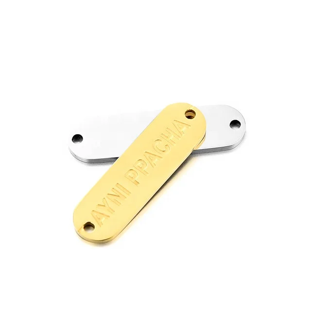 Yiwu Aceon Stainless Steel Round Rectangle Connector Brand Tag Own Brand Stamped Two Holes Name Plates Label Dog Tag