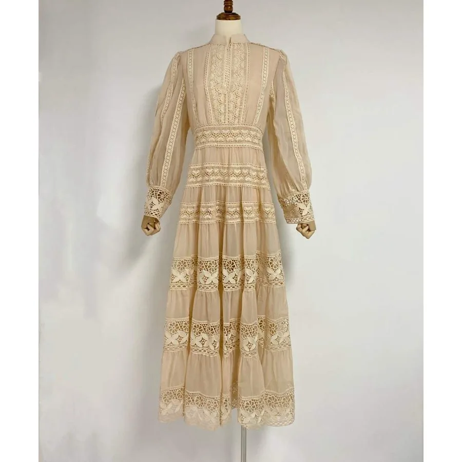 2024 Autumn New Fashionable and Elegant Long Skirt with Lace Splicing Design Lantern Sleeve Dress