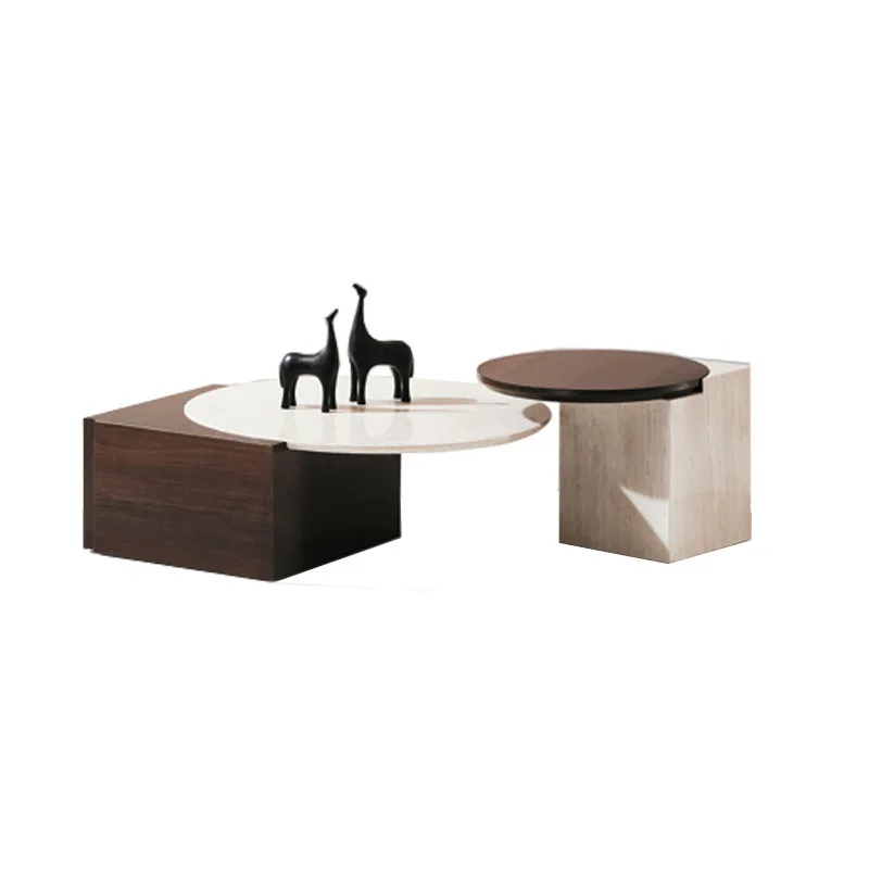 Italian Minimalist Designer Creative Living Room Wooden Round Coffee Table Set of 2 with Drawer Marble Stone Models