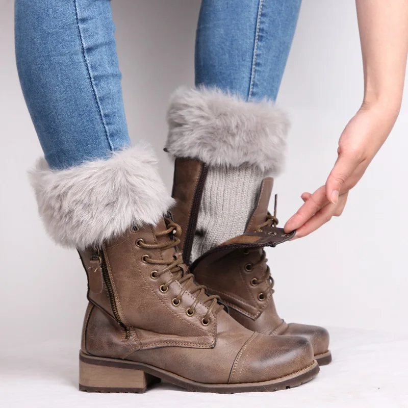 
Women Faux Fur Trim Boot Cuff Winter Knitted Furry Top Cover Short Leg Warmers Girls Boot Socks Topper 