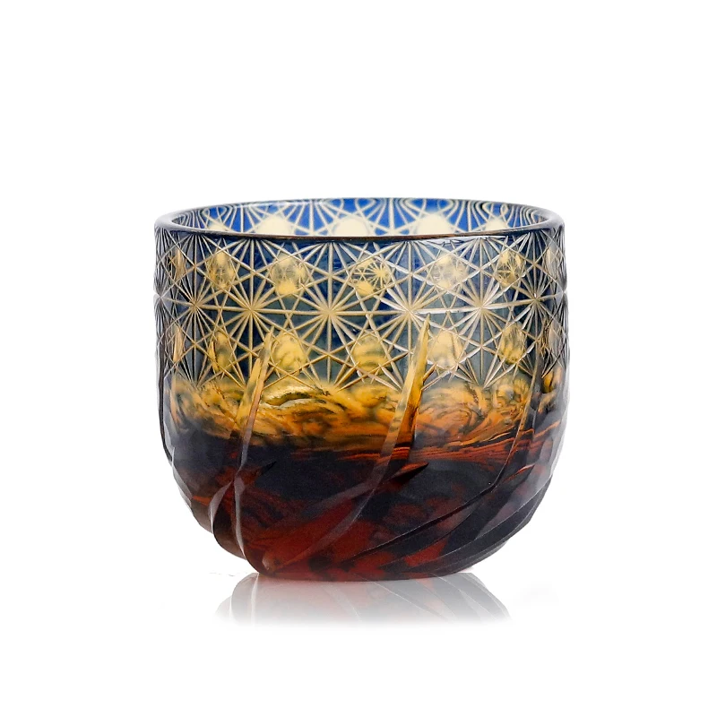 60 ml Hand Engraved Sake Cup Glass Shot Glass Amber and Blue