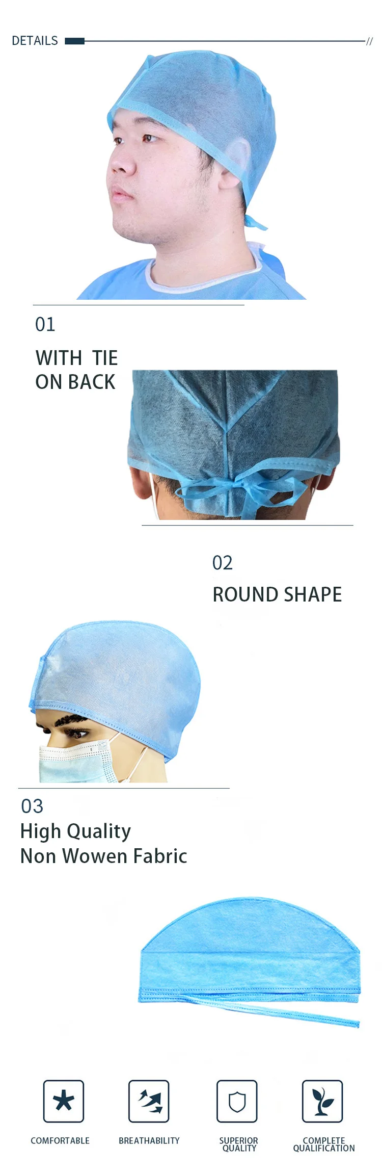 disposable medical surgical cap with ties for doctors hospital